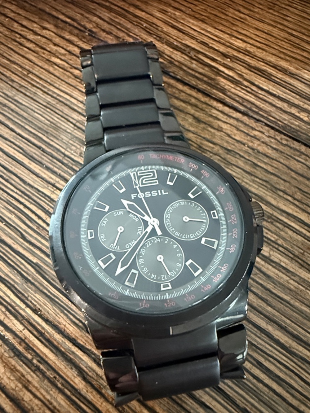 Fossil Black Stainless Steel Multifunction Link Watch chronograph red extra link